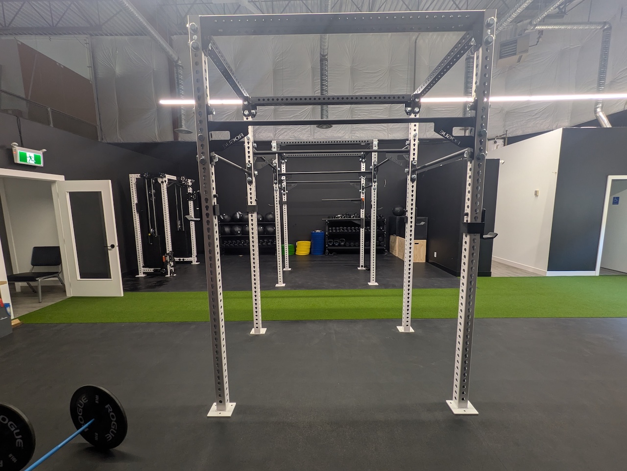 A white pull-up rig in the foreground of the gym, with more rigs, a cable machine, medicine balls and bumper plates behind it.